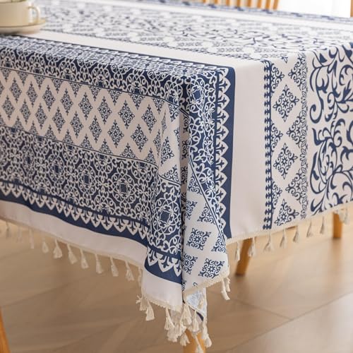 "Erbnaryx Handblock Print Tablecloth for Square Tables,Fringed Edges with Blue Retro Pattern Tablecloths,Table Cover Cloth Decorative for Kitchen Dining Room,59""x 102"""