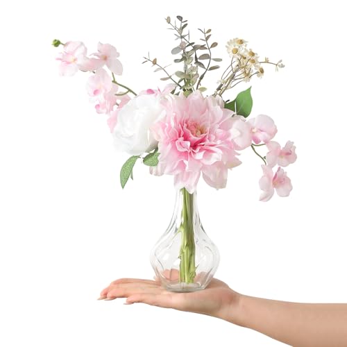 GAATEEK Flowers with Vase,Artificial Silk Roses in Vase, Fake Plant Eucalyptus Flower Arrangement for Home Office Farmhouse Bathroom Dining Table Centerpiece Decor Coffee Table Decor (Light Pink)