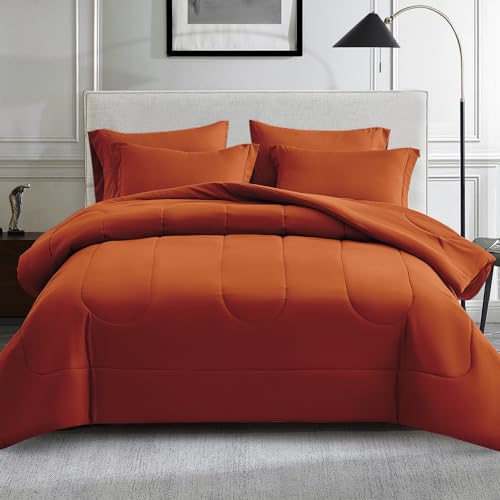 Maple&Stone Full Size Comforter Set 7 Pieces Bed in a Bag - Down Alternative Bed Set with Sheets, Pillowcases & Shams, Soft Reversible Duvet Insert, Burnt Orange