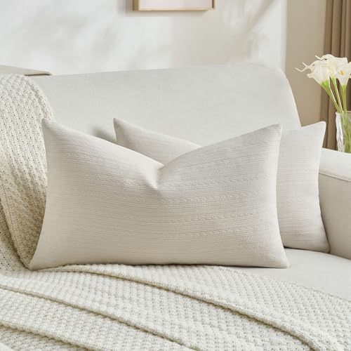 FUTEI Beige Decorative Throw Pillow Covers 12x20 Inch Set of 2,Soft Cozy Wheat Ear Striped Patterns Lumbar Pillow Cases,Modern Home Decor for Couch Bed Living Room