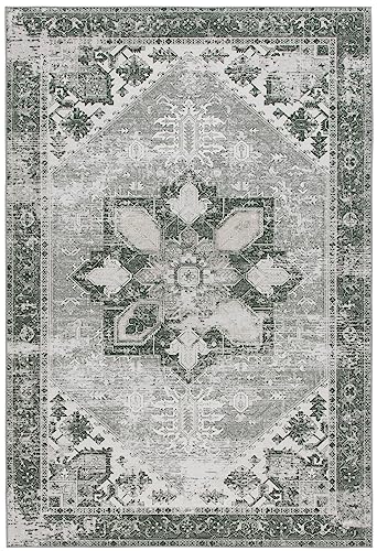 Safavieh Traditional Rug Ideal for High Traffic Areas - Machine Washable and Non Slip - Tucson Collection, Short Pile, in Dark Green and Beige, 91 X 152 cm