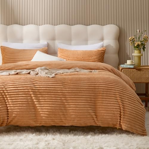 JELLYMONI Plush Duvet Cover Set - Queen Size Orange Striped Fluffy Comforter Cover 3pcs Bedding Set Luxury Ultra Soft Faux Fur Duvet Cover with Zipper and 2 Pillowcases (NO Comforter)