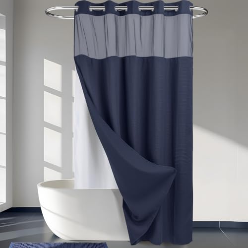 River Dream No Hooks Required Waffle Weave Shower Curtain with Snap in Liner -Extra Long 71W x 86H,Hotel Grade,Spa Like Bath Curtain,Navy