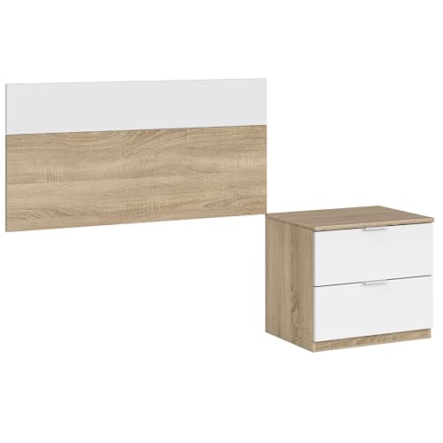 Habitdesign Head and Bedside Table, Headboard, Finish in Canadian Oak and Artic White, Measurements: 100 cm (W) x 50 cm (H)