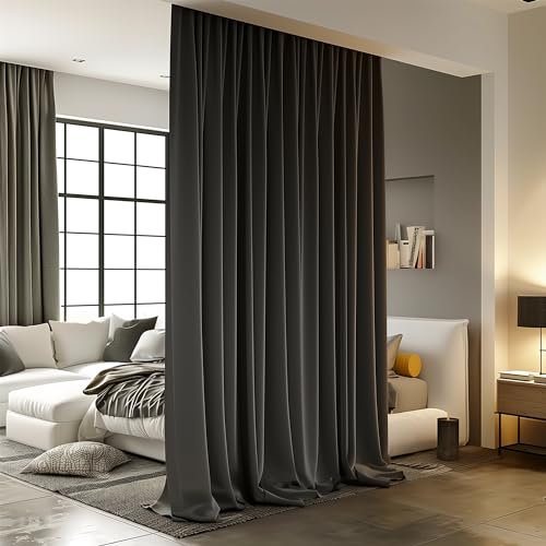 Room Divider Curtains for Ceiling Track Rod, Blackout Track Curtains with Hooks Noise Reduction Privacy for Wall, 15 ft Wide x 8 ft Tall, Black, 1 Panel