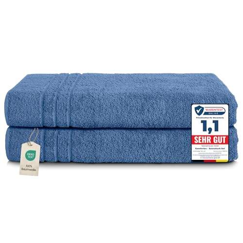 Komfortec Set of 2 Sauna Towels, 80 x 200 cm, 100% Cotton, XXL Sauna Towels, Soft, Large, Terry Cloth, Quick-Drying, Light Blue