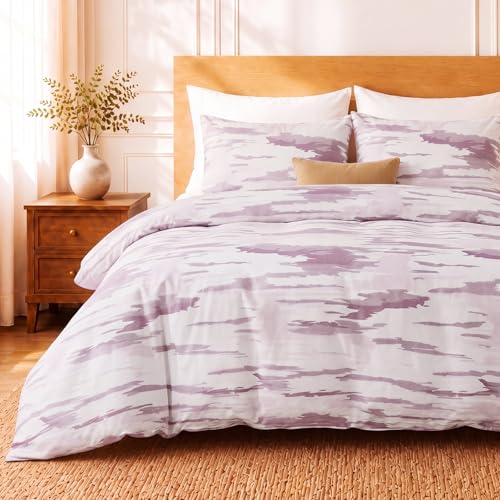 Herside 100% Cotton Double Gauze Striped Duvet Cover Set King Size,Bean Pink Art Texture Pattern Soft Breathable Cotton Bedding Set Farmhouse Cute 3 Piece Quilt Duvet Set for All Seasons