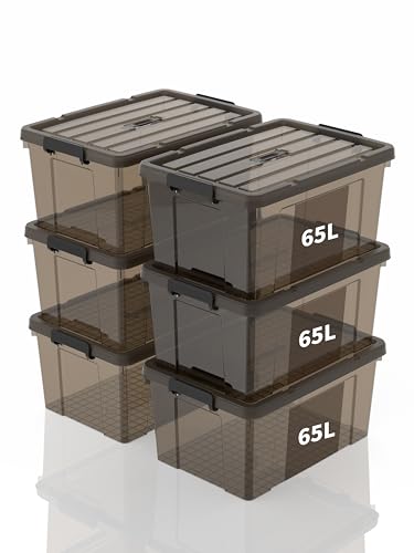 SpaceXpert Storage Boxes with Lid 65L, Plastic Storage Box with Handle, Stackable Container for Home Office Garage Accessories, Hand-Carryable Bin, Easy to Carry, Transparent Brown, 65L(Set of 6)