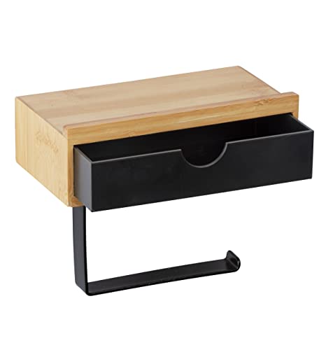 WENKO Bamboo Toilet Roll Holder with Bamboo Shelf and Drawer Includes Fixings - Natural/Black