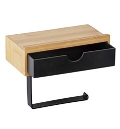WENKO Bamboo Toilet Roll Holder with Bamboo Shelf and Drawer Includes Fixings - Natural/Black