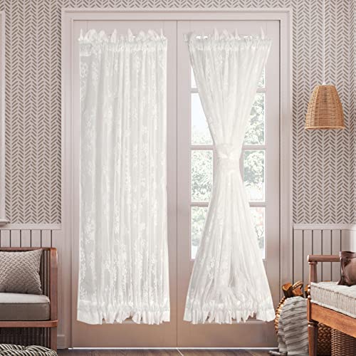 RLoncomix White French Door Curtain Floral Rose Knitted Semi-Sheer Window Voile Rod Pocket Lace Glass Door Treatment 2 Panels 40 Inches