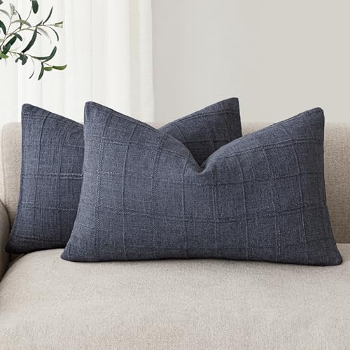 Foindtower Set of 2 Decorative Linen Check Throw Pillow Covers Neutral Farmhouse Lumbar Cushion Covers Modern Coastal Boho Home Decor for Sofa Chair Couch Bedroom Living Room,12??24 Inch,Blue