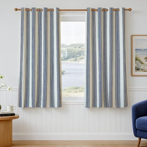 DriftAway Chris Blackout Curtain 2 Panels Grommet, W52xL63, Dark Blue - Blackout, Linen Texture, Stripe Pattern, Two Layers, for Bedroom Living Room Nursury, Thermal Insulated Lined