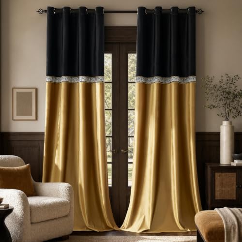 GIGIZAZA Velvet Curtains 108 Inch for Living Room 2 Panels Black Gold - Light Blocking Drapes,280gsm Thick Soft Fabric,Luxury Window Treatment Curtain for Bedroom,Modern Decor,Grommet Top