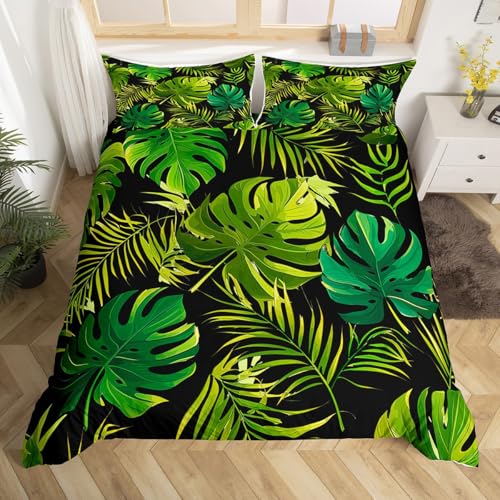 Erosebridal Palm Leaf Comforter Cover,Tropical Duvet Cover Set Tree King Size Bedding Sets Green Leaves Bedspreads Cover 3Pc Jungle Botanical Leaf Duvet Cover+ 2 Pillow Cases for Kids Adults