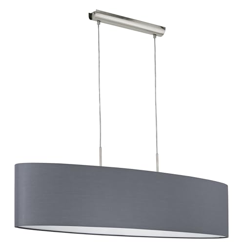 "Eglo Pasteri Textile Pendant Lamp, Nickel Matt Steel and Grey Fabric Hanging Light, Oval Living Room Ceiling Lighting, E27 Socket, Ø: 53 cm (39.3"")"