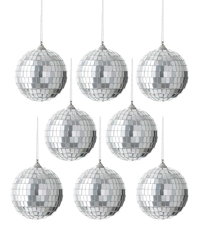 Set of 8 Disco Ball Baubles, Silver, 8 cm – Mirrored Christmas Tree Decorations