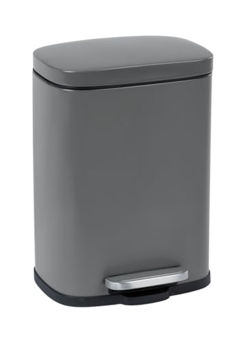 WENKO Leno Easy-Close Pedal Bin with Soft-Close Mechanism, Steel, 21.5 x 19 x 29.5 cm, Grey