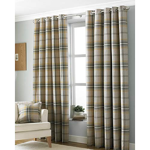 "Riva Paoletti Aviemore Ringtop Eyelet (Pair) Heritage Tartan Check-Faux Wool Effect-Ready Made-100% Polyester-117cm Width x 137cm Drop (46"" x 54"" inches), Polyester, Ochre Yellow, Ring Top Curtains"