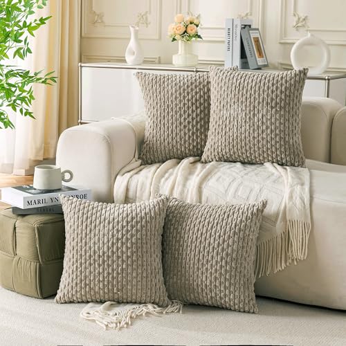 Cozoomy Set of 4 Taupe Decorative Throw Pillow Covers 24x24 Inch Corduroy Pillow Covers for Bed Couch Sofa Living Room Soft Square Cushion Cases