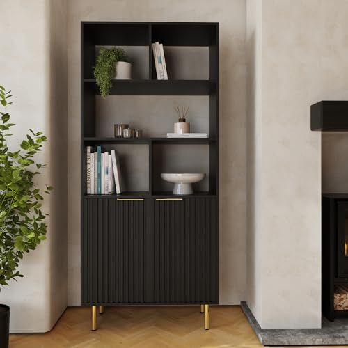 GFW Nervata Bookcase Black with Shelves & Cabinet Storage, Modern Asymmetric Display Unit with Ribbed Detailing