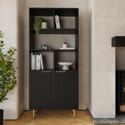 GFW Nervata Bookcase Black with Shelves & Cabinet Storage, Modern Asymmetric Display Unit with Ribbed Detailing