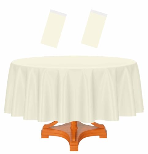 HEIPINIUYE 2 Pack Beige Round Tablecloth 84 Inch Round Plastic Table Cloth Waterproof Disposable Round Table Cover for Party Birthday Camping Picnic Baby Shower Circle Tablecloth