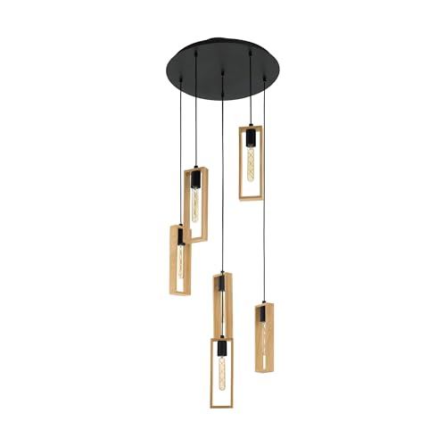 Eglo Pendant Lamp Littleton, 6-Light Vintage Pendant in Industrial Style, Retro Hanging Lamp Made of Steel and Wood, Colour: Black, Brown, Socket: E27