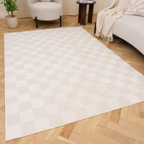 THE RUGS Living Room Rug, Loft Collection – Modern Textured 14mm Soft Pile Area Carpet, Non-Shedding & Easy Care [ Checkerboard Cream, 120x170 cm]