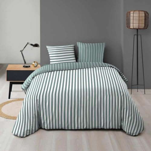douceur d'int??rieur, Printed Bedding Set, 240 x 220 cm, Rayan, Cedar, Stripes, 3 Pieces, Press Stud Finish, Soft, Light, Comfortable, Easy Care
