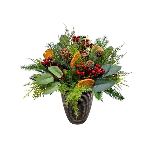 SHATCHI 16 Inch Small Christmas Tree Plant Topiary with Foliage Red Berries, Orange Slices, Eucalyptus Rattan Balls Festive Table Decoration for Xmas Home Entryway Mantel Hallway