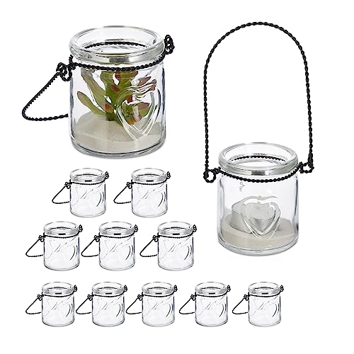 Relaxdays Candle Lanterns, Set of 12, Glass, with Handle, Tealight Holders, 7 x 6 cm, Indoors & Outdoors, Clear/Black