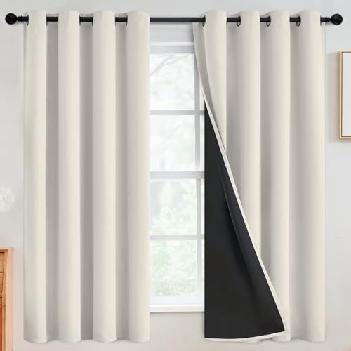 SimpleHome Cream 100% Blackout Curtains Room Darkening Living Room 63 Inch - Curtains for Bedroom,Thermal Insulated Grommet Window Drapes,Curtains for Living Room with Black Back,52 x 63 Inch,2 Panels