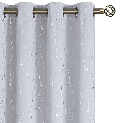 BGment White Curtains 90 Inches Long, Grommet Thermal Insulated Blackout Curtains with Wave Line and Dots Printed for Bedroom, 2 Panels, Each 52 x 90 Inch, Greyish White