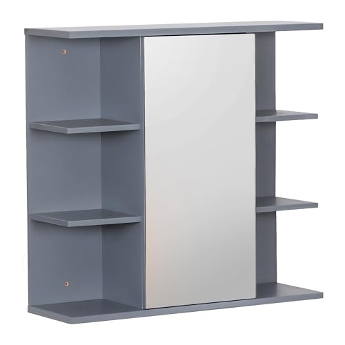 Relaxdays wall-mounted mirror cabinet, 6 shelves, 2 compartments, HxWxD: 64 x 62 x 21 cm, bathroom storage, white