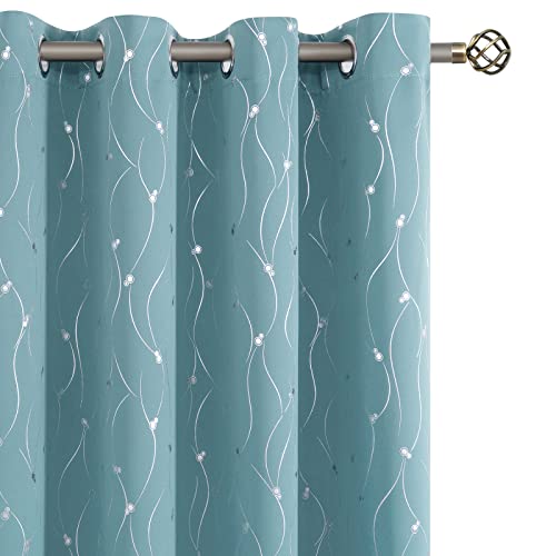 BGment Room Darkening Curtains 84 Inches Long, Grommet Thermal Insulated Blackout Curtains with Wave Line and Dots Printed for Bedroom, 2 Panels, Each 52 x 84 Inch, Aqua