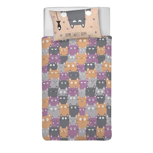 PENSIERI DELICATI 100% Cotton Single Duvet Cover Set, 1550 x 200 cm and 1 Pillowcase 52 x 82 cm, Made in Italy, Duvet Cover Machine Washable At 40 Degrees, Happycat Orange Pattern