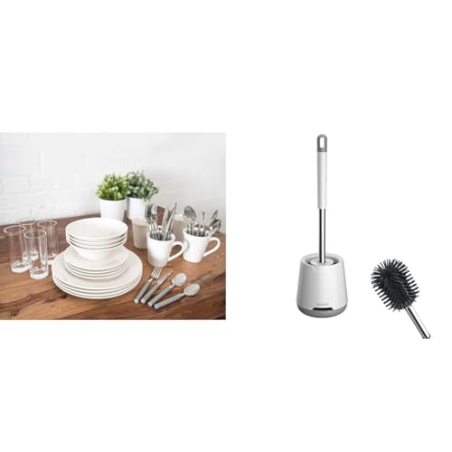 Sabichi 36pc Day to Day White Dinner Set - Microwave & Dishwasher Safe - Plates and Bowls Set for 4 & Ibergrif M34152 Silicone Toilet Brushes & Holders, Deep Cleaner, Toilet Brush