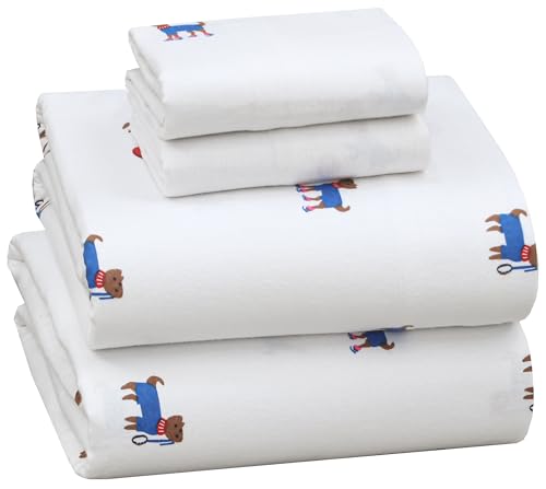 Ruvanti 4 Piece Flannel Bed Linen Set 100% Brushed Double Cotton, Deep 16-inch Pockets, Breathable and Extra Soft, Warm and Comfortable, Puppy Pattern