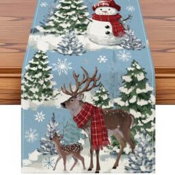 Artscope Reindeer Snowman Christmas Tree Table Runner, Xmas Winter Snowflakes Holiday Kitchen Dining Table Decoration for Christmas Home Party Decor 13x36 Inch-Light Blue