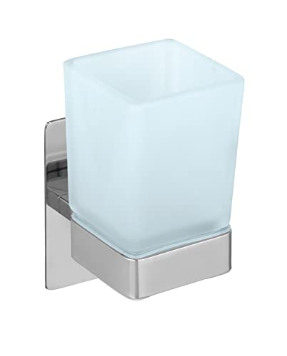 WENKO Turbo-Loc Genova Shine Toothbrush Mug, Wall Mount, No Drilling Required, with Adhesive Pad System, Stainless Steel Holder, Satin Glass Cup, 6.2 x 13.2 x 9 cm, Glossy, Rust-Proof