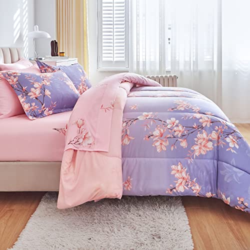 AIKASY Pink and Light Blue King Comforter Set with Sheets,Bed in a Bag 7-Pieces,Branches and Flowers Printing Design,Ultra Soft Down Alternative All Season Bedding Set(King,Blossom Stem)