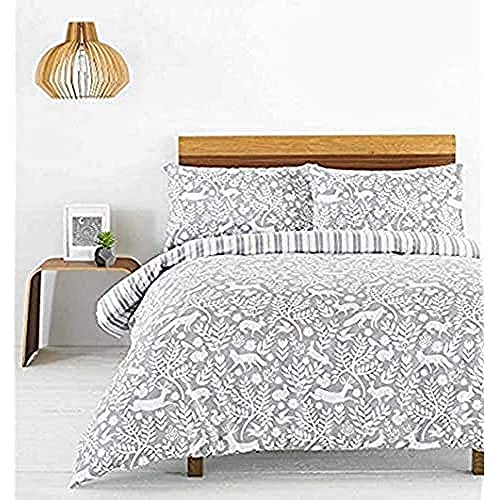 "Creative Cloth Skandi Woodland Super King Duvet Cover Set - Grey White - Scandinavian Woodland Animal Design - Striped Reverse - 100% Cotton - Machine Washable - 260 x 220cm (102"" x 87"" inches)"