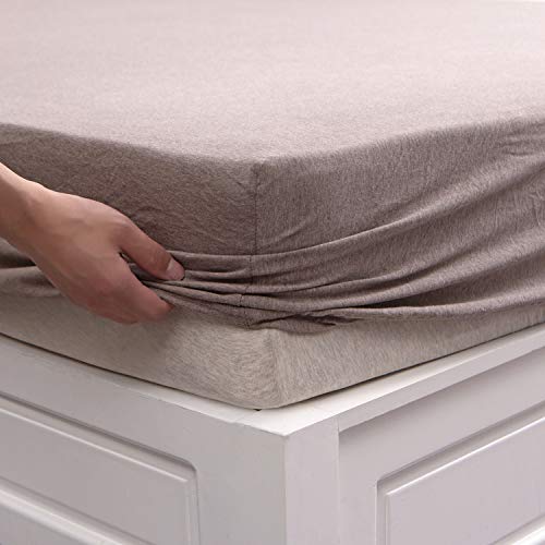 "PURE ERA Jersey Knit Cotton Fitted Bottom Sheet ONLY (No Flat Sheet or Shams) - Deep Pocket Up to 15"" to 20"", Ultra Soft Comfy Breathable Heather Brown King"