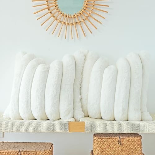 JOJUSIS Pack of 2 Faux Fur Plush Decorative Throw Pillow Covers Couch Cushion Case Soft Fluffy Pillowcases Wide Stripe (White, 18 x 18 Inch)