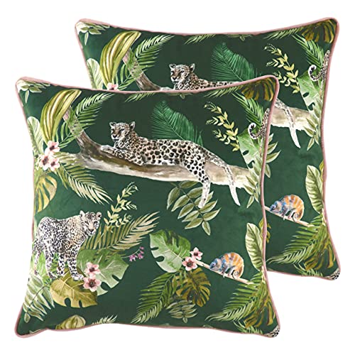 furn. Evans Lichfield Jungle Leopard Feather Filled Cushions (Twin Pack), Polyester, Green