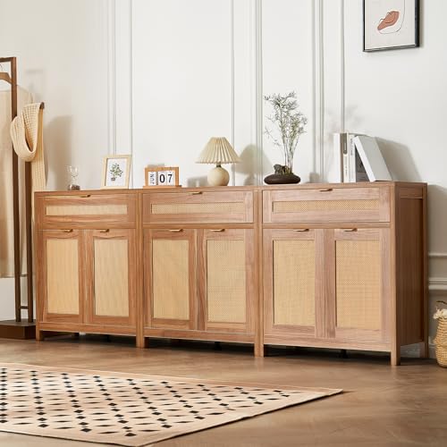 VEVOR Rattan Cabinet, Set of 3, Rattan Storage Cabinet with 6 Magnetic Doors and 3 Drawers, Sideboard Buffet Cabinet with Adjustable Shelves, Ideal for Hallway, Entryway,Living Room,or Kitchen,Natural