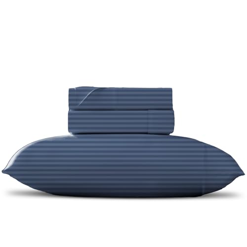 TEXAS LINEN CO. Luxury Egyptian Cotton Twin Stripe Sheet Set - 600 Thread Count Extra Long Staple 3 PC Set, Twin Light Blue Damask Sheets, Soft, Cooling Sateen Weave Sheets Upto 18 in Deep Pocket