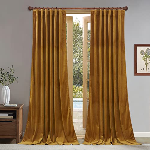 StangH Mustard Gold Velvet Curtains for French Window, W52 x L90, 2 Panels - Boho, Light Blocking, UV Blocking, Blackout Drapes for Living Room, Bedroom, Country Style, Party, Backdrop Decorations