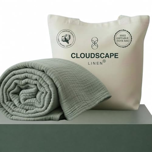 "CLOUDSCAPE 4 Layer Muslin Blanket for Adults - 100% Cotton Throw Blanket - 50""x70"" Oversized Gauze Throw for Sofa, Couch - Soft Lightweight Breathable Muslin Cotton Throws for Summer - Olive Green"